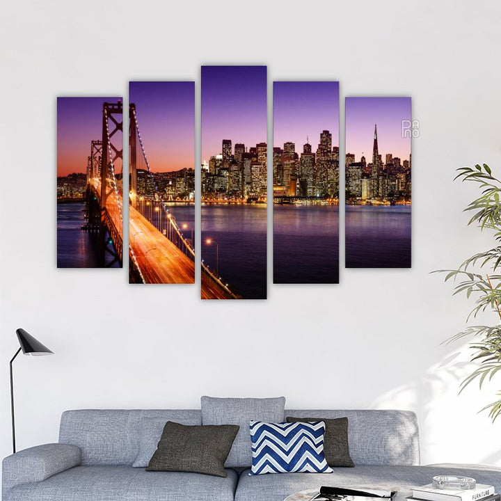 San Francisco i Bay Bridge pri zalasku sunca nad zaljevom - zidna dekoracija na čvrstoj podlozi