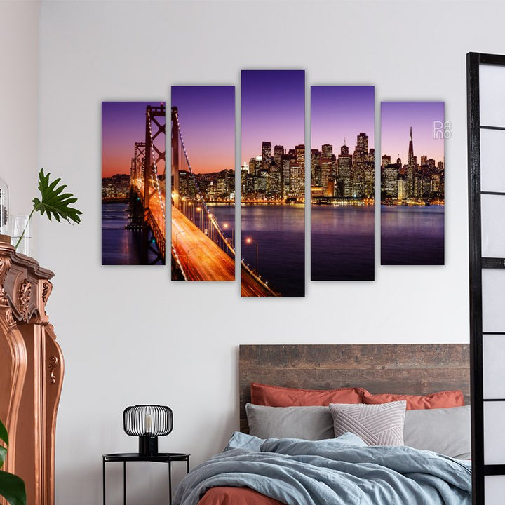 San Francisco i Bay Bridge pri zalasku sunca nad zaljevom - zidna dekoracija na čvrstoj podlozi