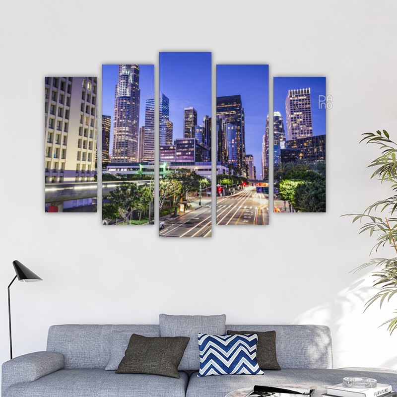 Los Angeles centar panorama s visokim neboderima i pogledom na grad kroz zalazak sunca - zidna dekoracija na tvrdoj podlozi