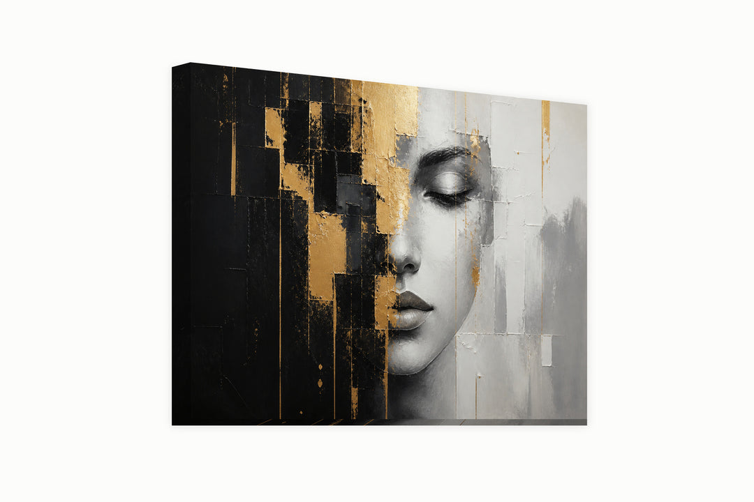 Abstract art of the face, black and gold – front view
