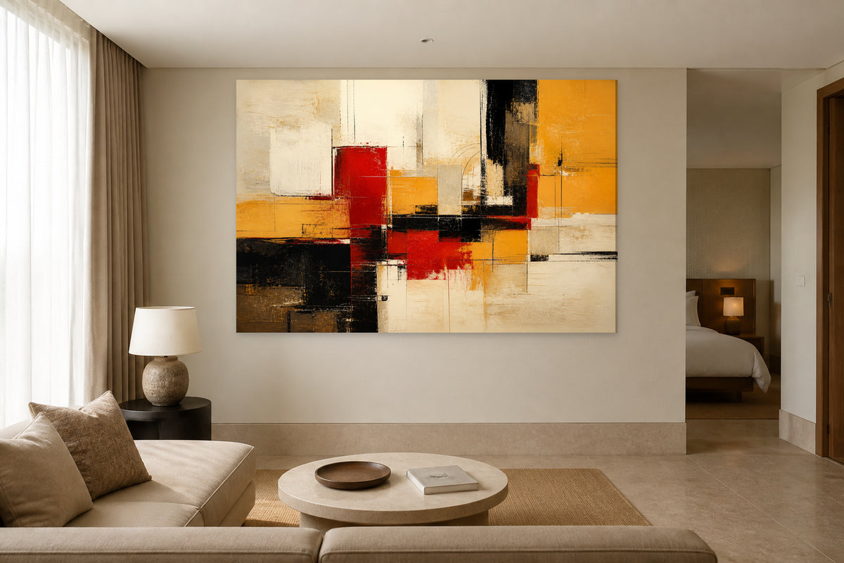 Art abstrait rouge, orange, blanc et noir
