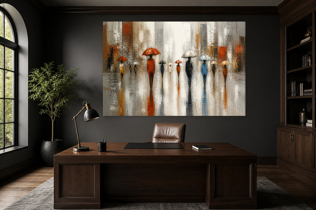 People walking in red city - umbrellas – interior view 1