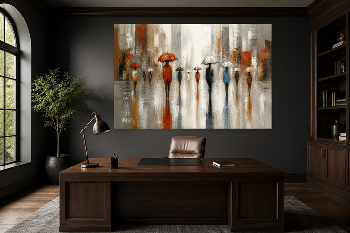 People walking in red city - umbrellas – interior view 1