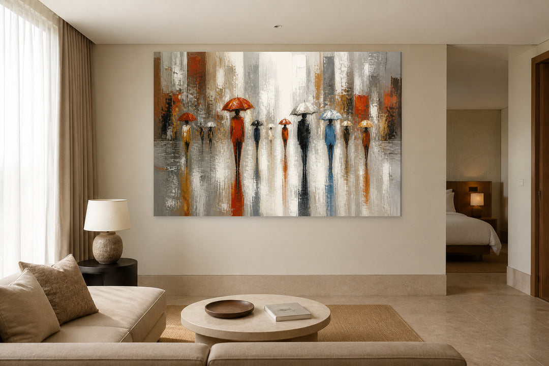 People walking in red city - umbrellas – interior view 3