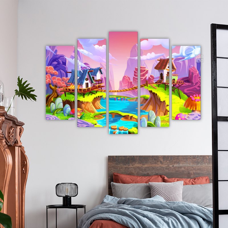 Magical Bridge with Mountains and Waterfall