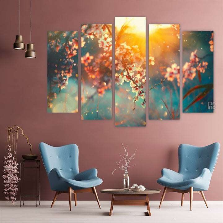 Blooming tree and sunset