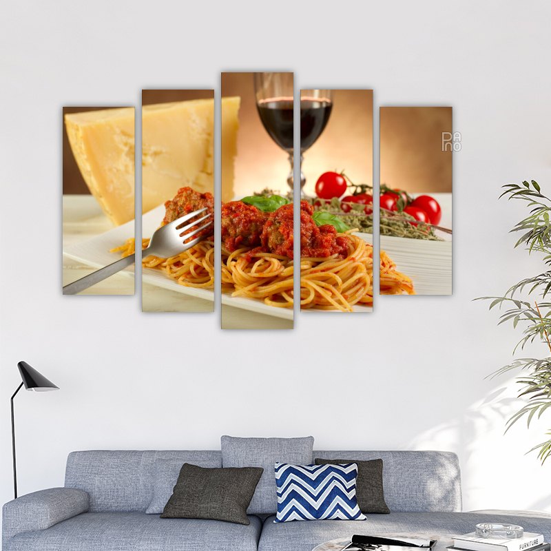 Spagetti és vörösbor egyedi főzőművészeti összeállításban meleg színekkel – falidísz kemény alapra