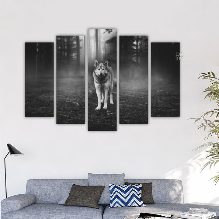 Wolf in the forest black and white