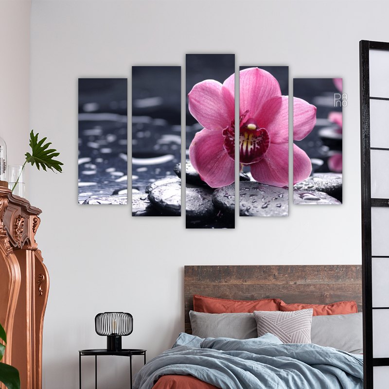 Orchidea vízcseppekkel és zöld levelekkel finom árnyalatokban – kemény alapú falidíszítés