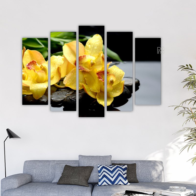 Yellow flowers on zen stones