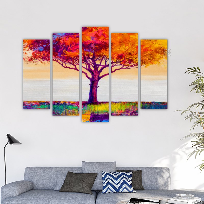 Landscape with colorful abstract tree with oil painting
