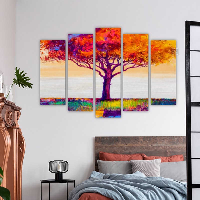 Landscape with colorful abstract tree with oil painting