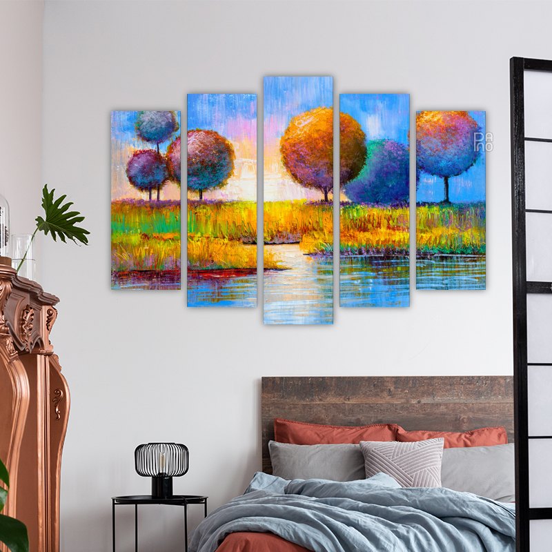 Abstract trees on the riverbank