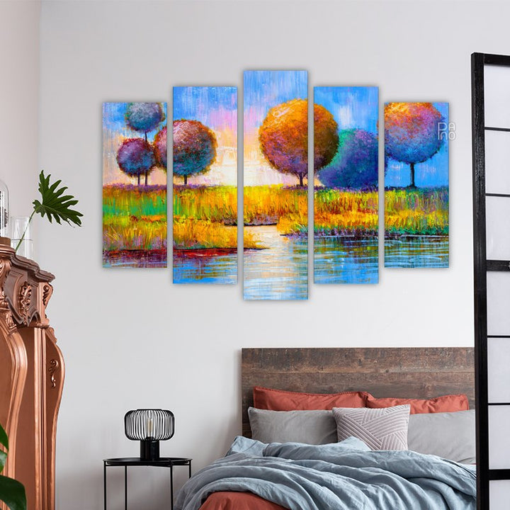 Abstract trees on the riverbank