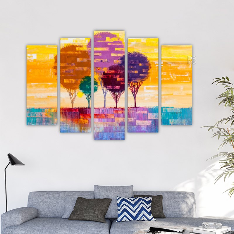 Landscape with abstract trees with oil painting