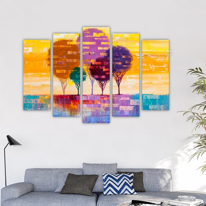 Landscape with abstract trees with oil painting