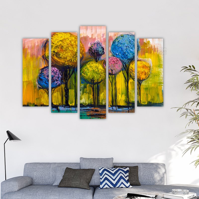 Landscape with colorful forest with oil painting