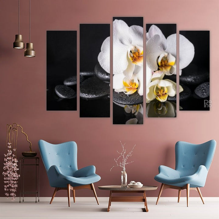 White Orchids with Black Stones