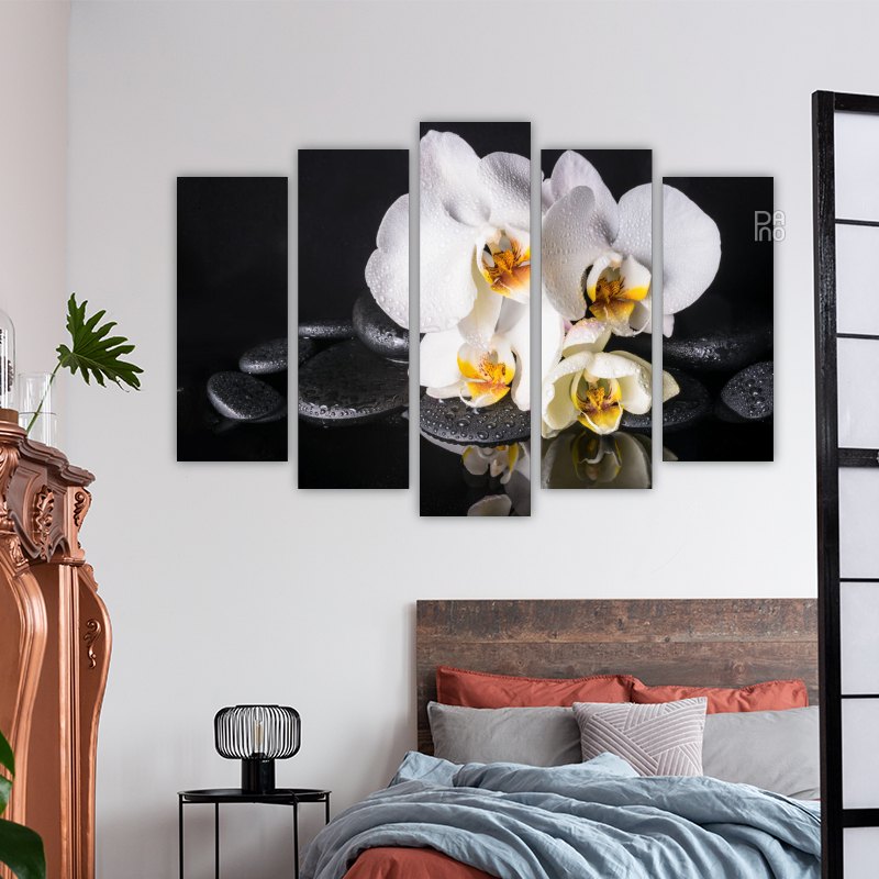 White Orchids with Black Stones