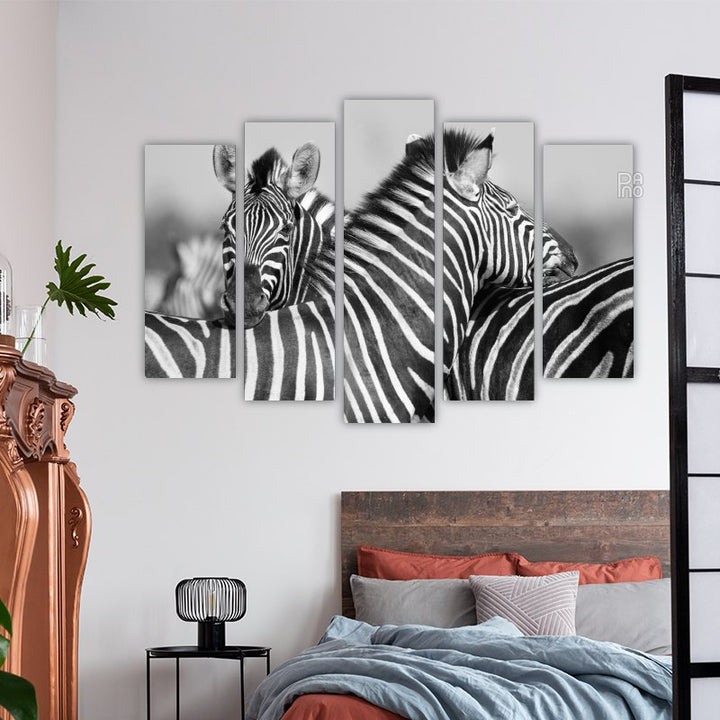 Herd of zebras in black and white photo