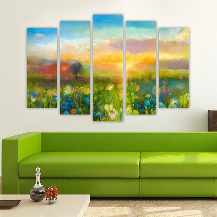Sunset on a meadow with wildflowers