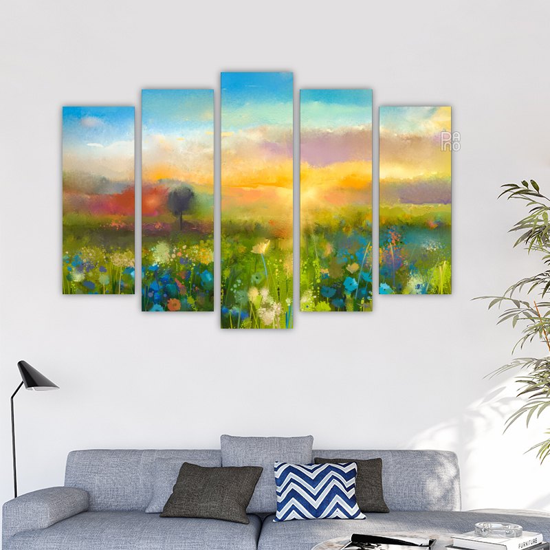 Sunset on a meadow with wildflowers