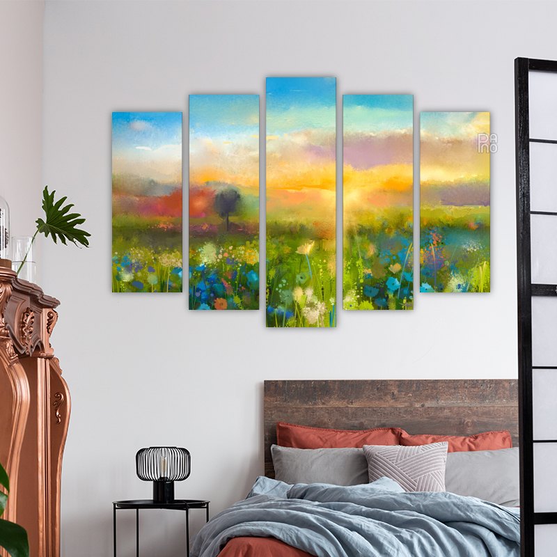 Sunset on a meadow with wildflowers