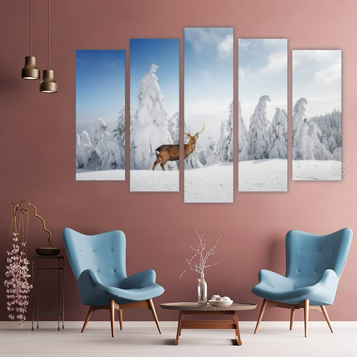 Fantastic Winter Landscape with Snowy Trees and Wild Deer