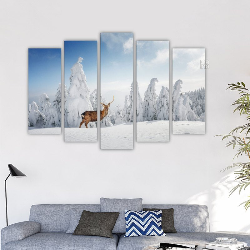 Fantastic Winter Landscape with Snowy Trees and Wild Deer