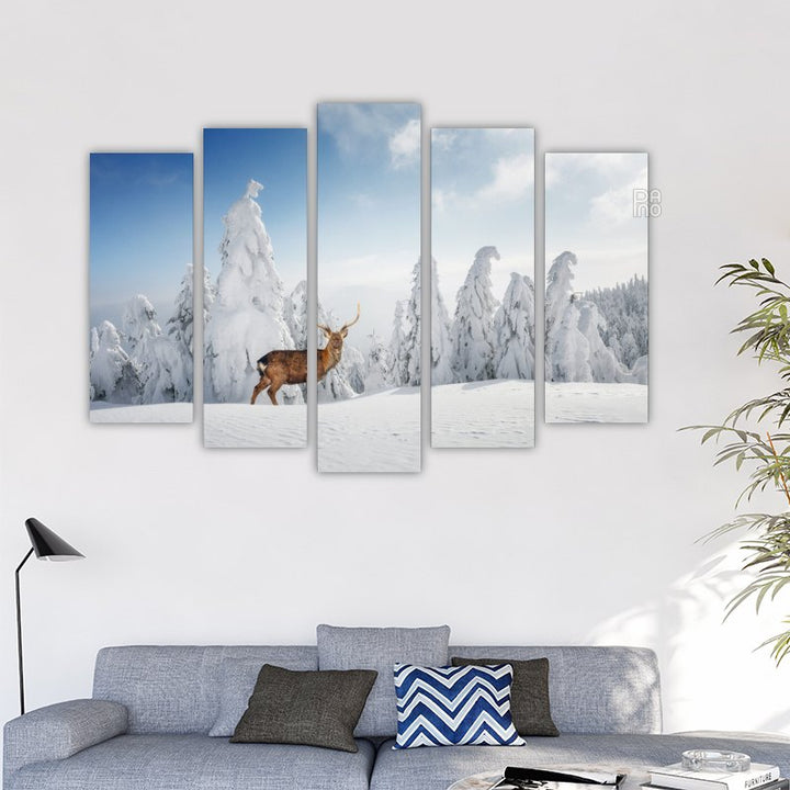 Fantastic Winter Landscape with Snowy Trees and Wild Deer
