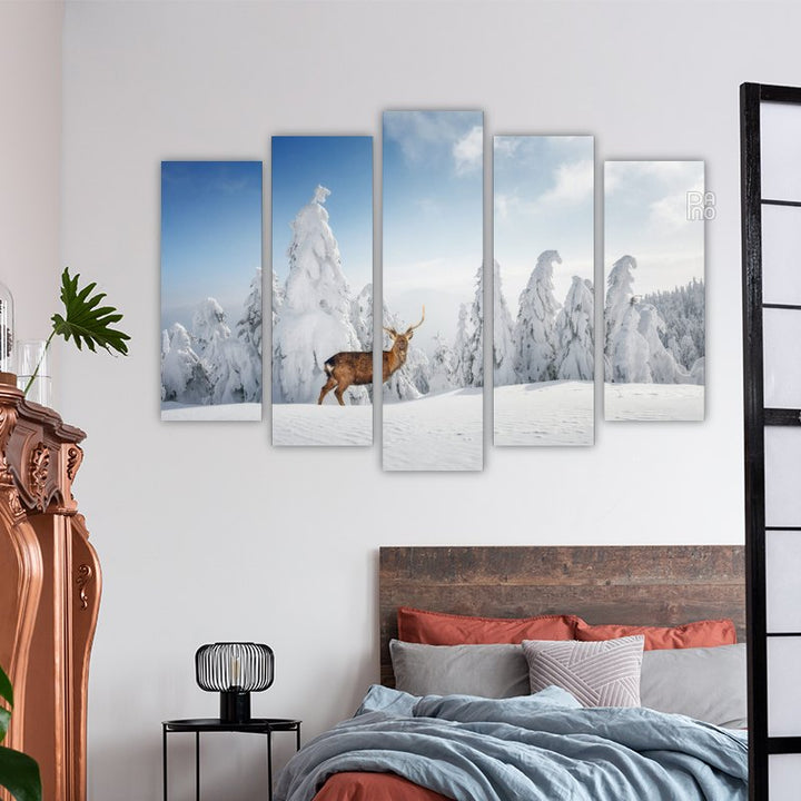 Fantastic Winter Landscape with Snowy Trees and Wild Deer