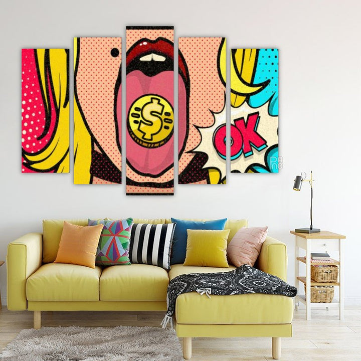 Pop art djevojka s jarkim grafičkim kontrastima i neonskim naglascima poput stripa - ukras za zid na čvrstoj podlozi