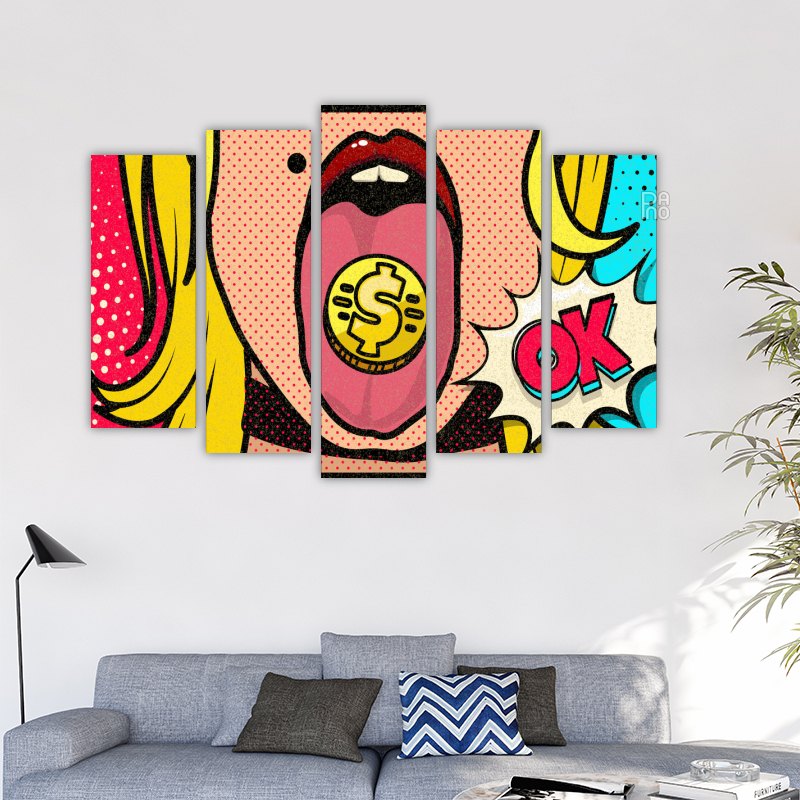 Pop art djevojka s jarkim grafičkim kontrastima i neonskim naglascima poput stripa - ukras za zid na čvrstoj podlozi