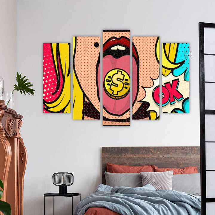 Pop art djevojka s jarkim grafičkim kontrastima i neonskim naglascima poput stripa - ukras za zid na čvrstoj podlozi