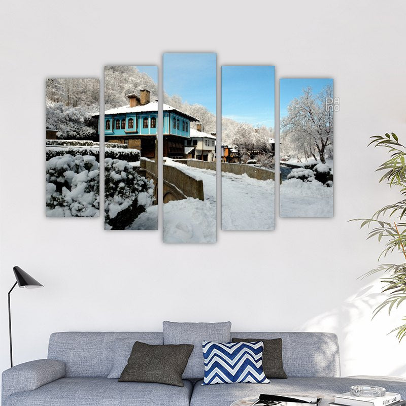 Snowy Fairy Tale with a Blue House