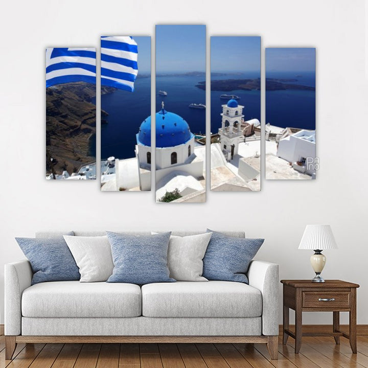 Santorini with Greek Flag