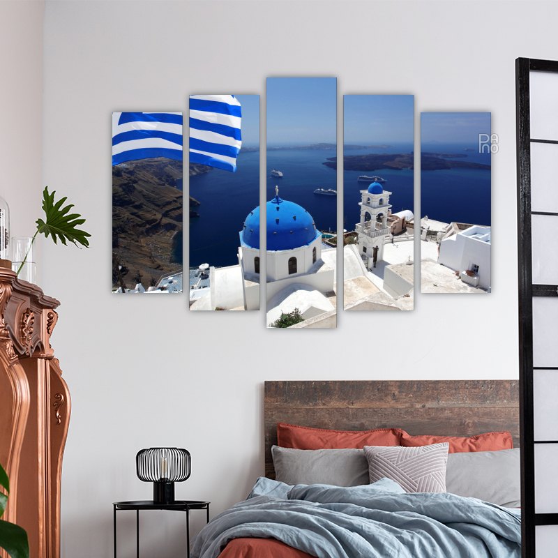 Santorini with Greek Flag