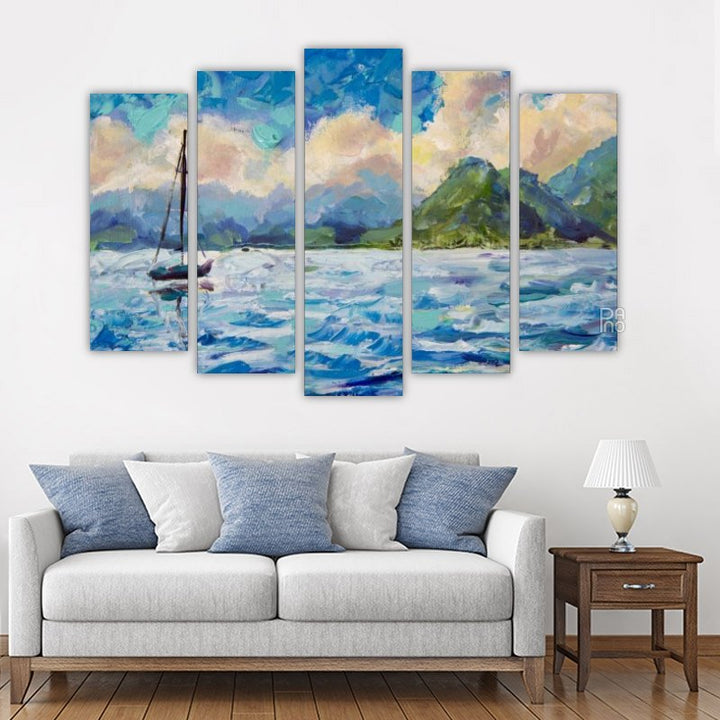 Painting of a seascape Boat, yacht, sailboat in blue turquoise water lake on an ocean river against beautiful green mountains. Warm fluffy clouds and blue sky. Oil painting and palette knitting