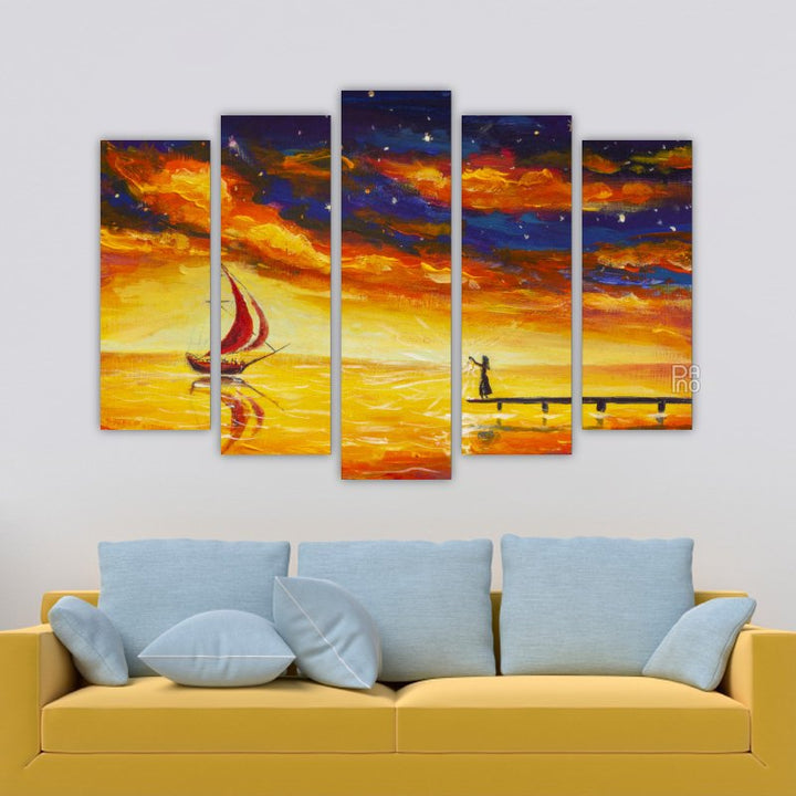 Oil painting of a girl and a sailing ship