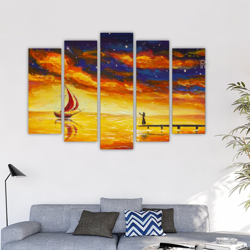 Oil painting of a girl and a sailing ship