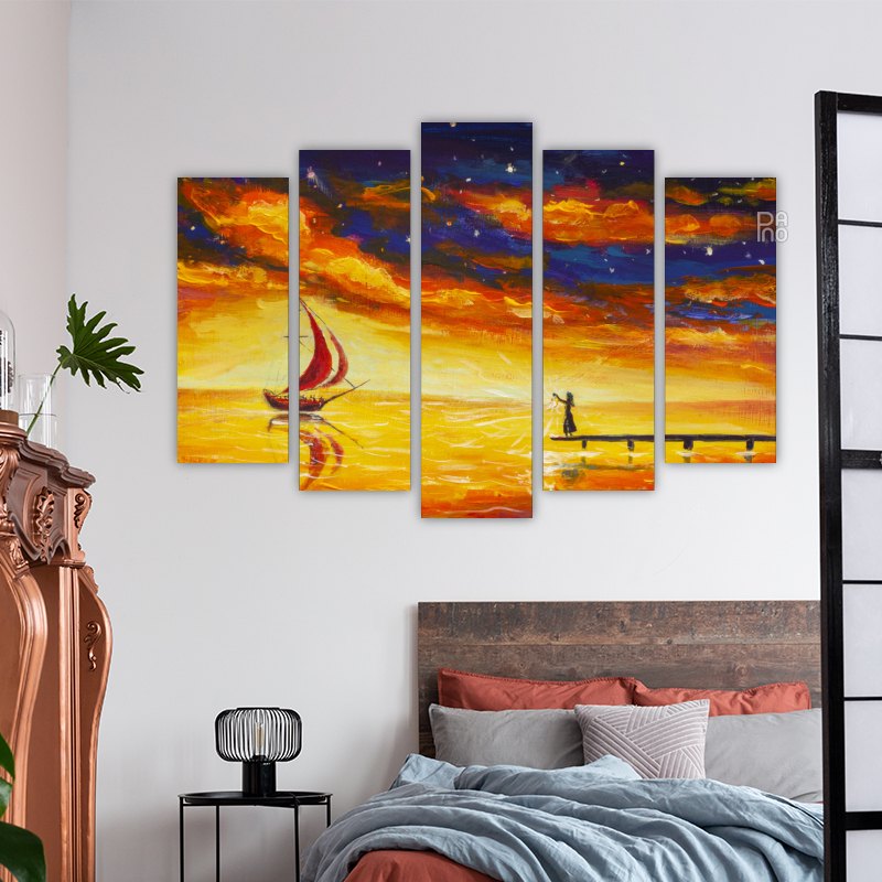 Oil painting of a girl and a sailing ship