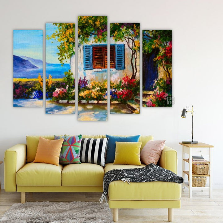 Oil painting of beautiful houses near the sea