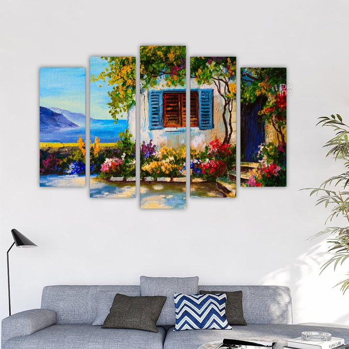 Oil painting of beautiful houses near the sea