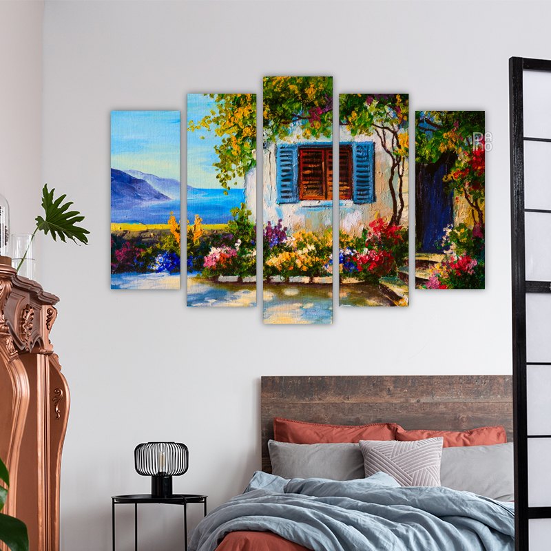 Oil painting of beautiful houses near the sea