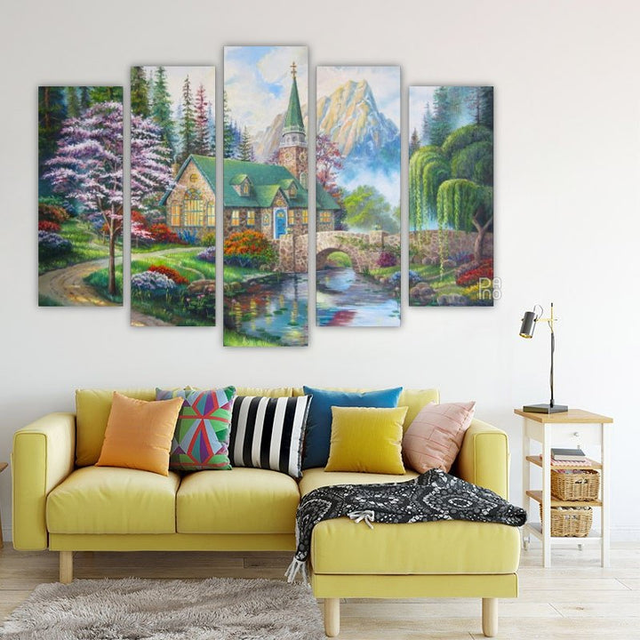 Oil painting of a church in the forest