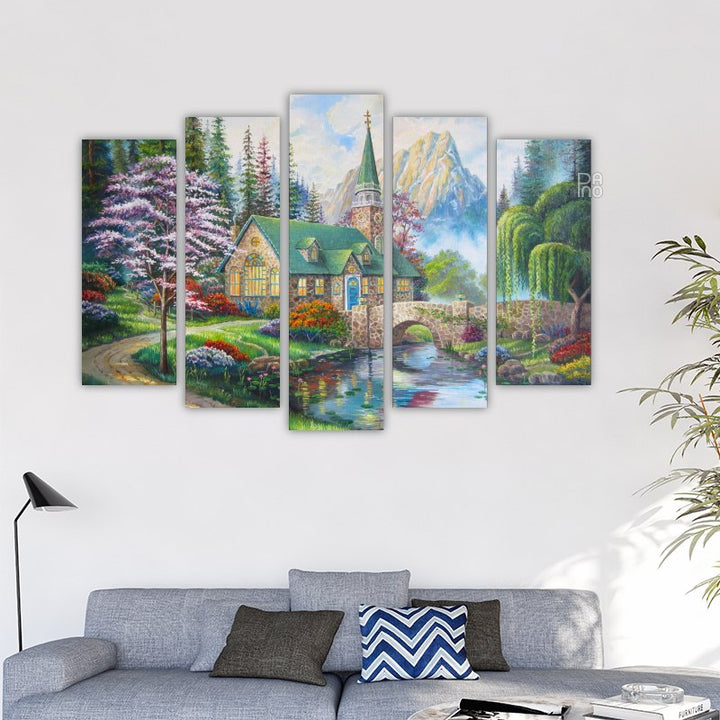 Oil painting of a church in the forest