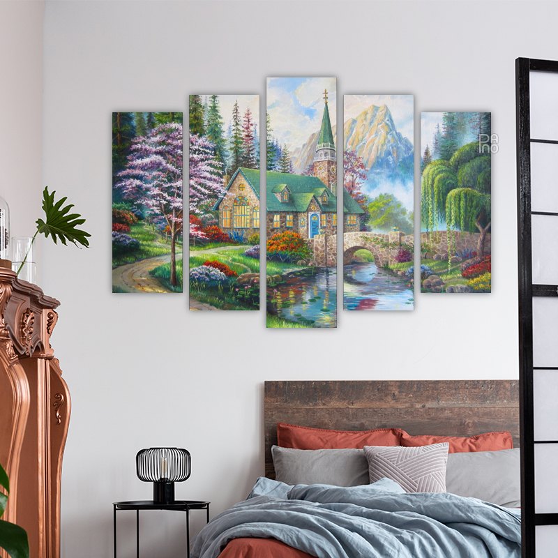 Oil painting of a church in the forest