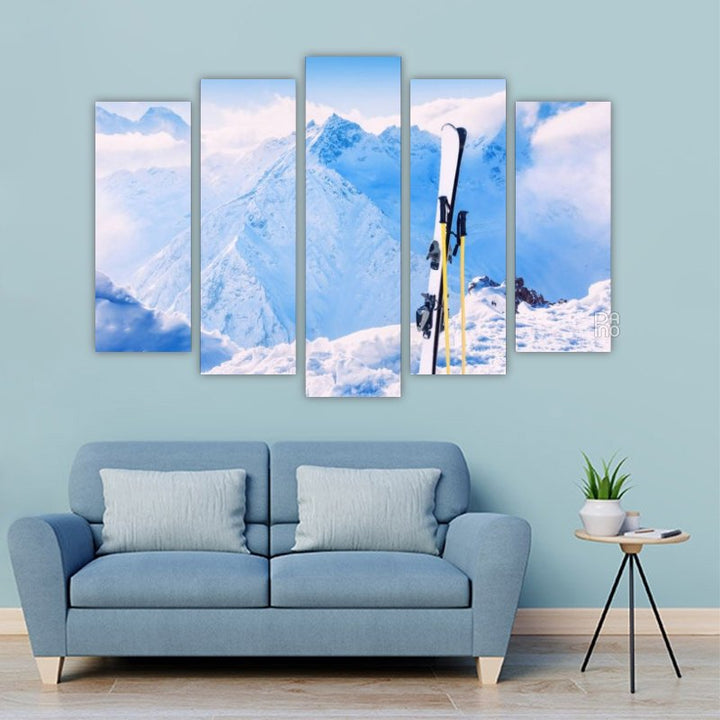 Winter Mountains and Ski Gear in Snow
