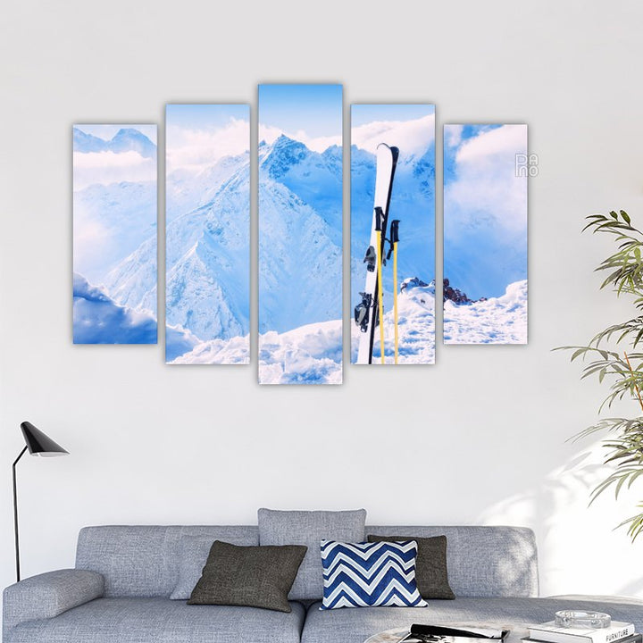 Winter Mountains and Ski Gear in Snow