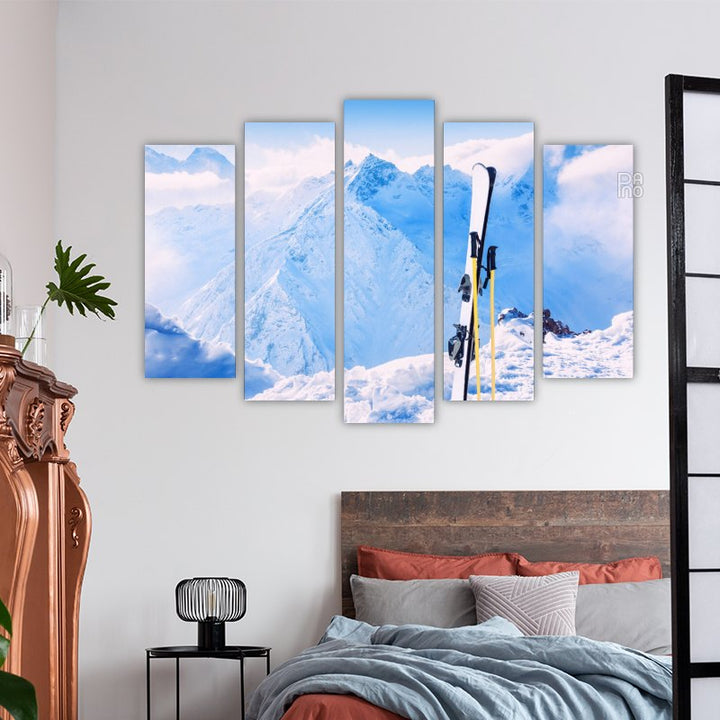 Winter Mountains and Ski Gear in Snow